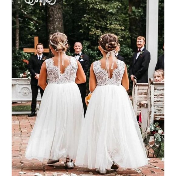 🆕Toddler Girls White Lace Cotton Tulle V Back Sleeveless Maxi Flower Girl Dress - Picture 8 of 8